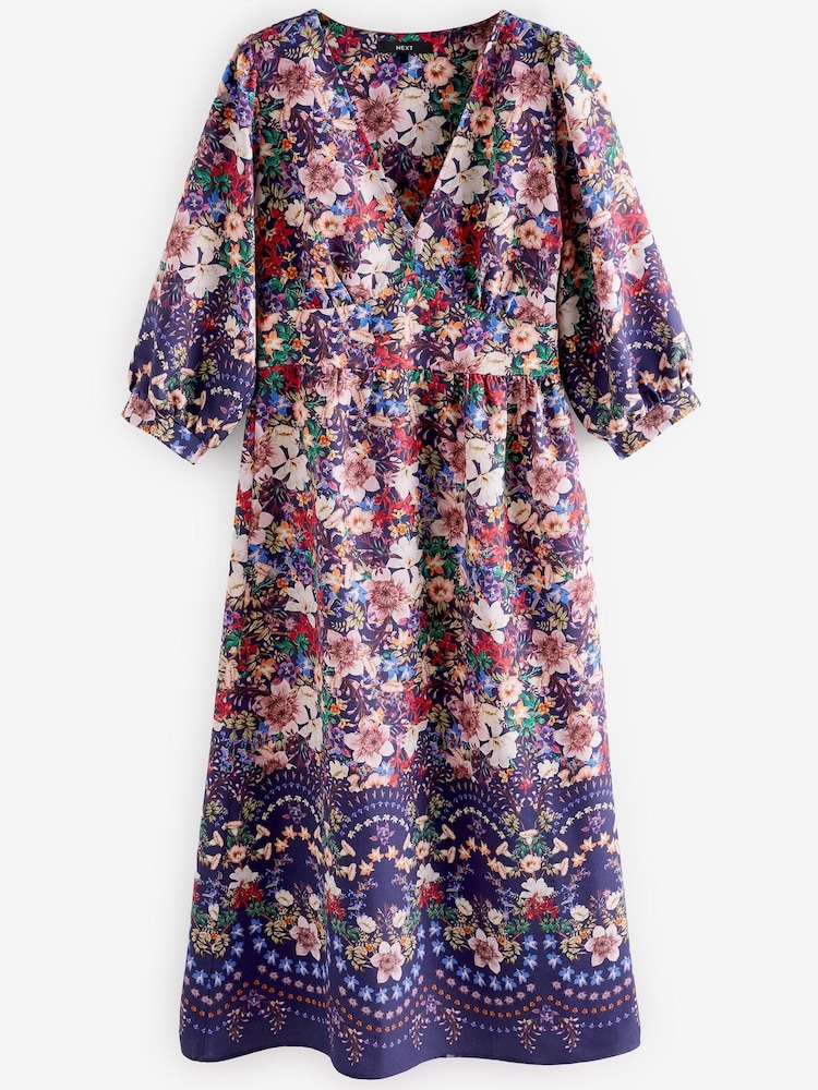 Navy Blue Floral Volume Sleeve Midi Dress - Image 6 of 6 Navy Blue Floral Volume Sleeve Midi Dress - Image 6 of 6