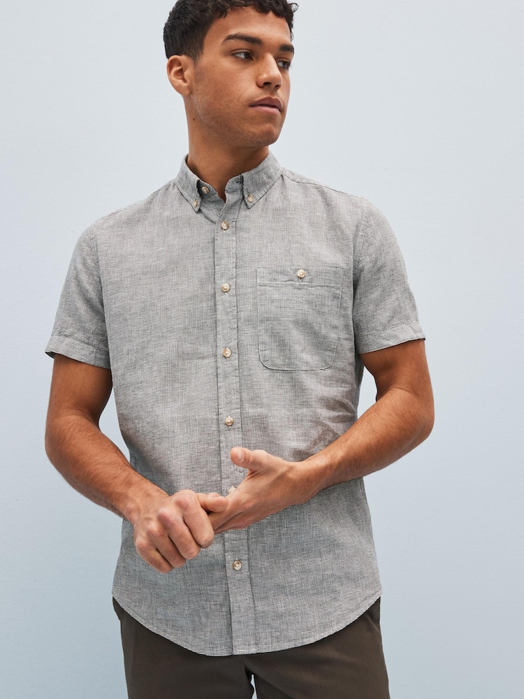 Charcoal Grey Regular Fit Linen Blend Short Sleeve Shirt - Image 1 of 7