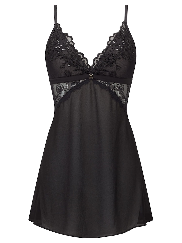 Ann Summers Black The Icon Embroidered Mesh Chemise Slip Nightie - Image 4 of 4