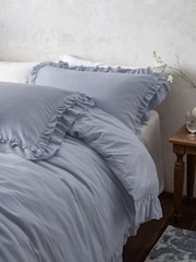 Blue Super Soft Double Frill Raw Edge Duvet Cover and Pillowcase Set - Image 1 of 5