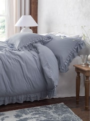 Blue Super Soft Double Frill Raw Edge Duvet Cover and Pillowcase Set - Image 2 of 5