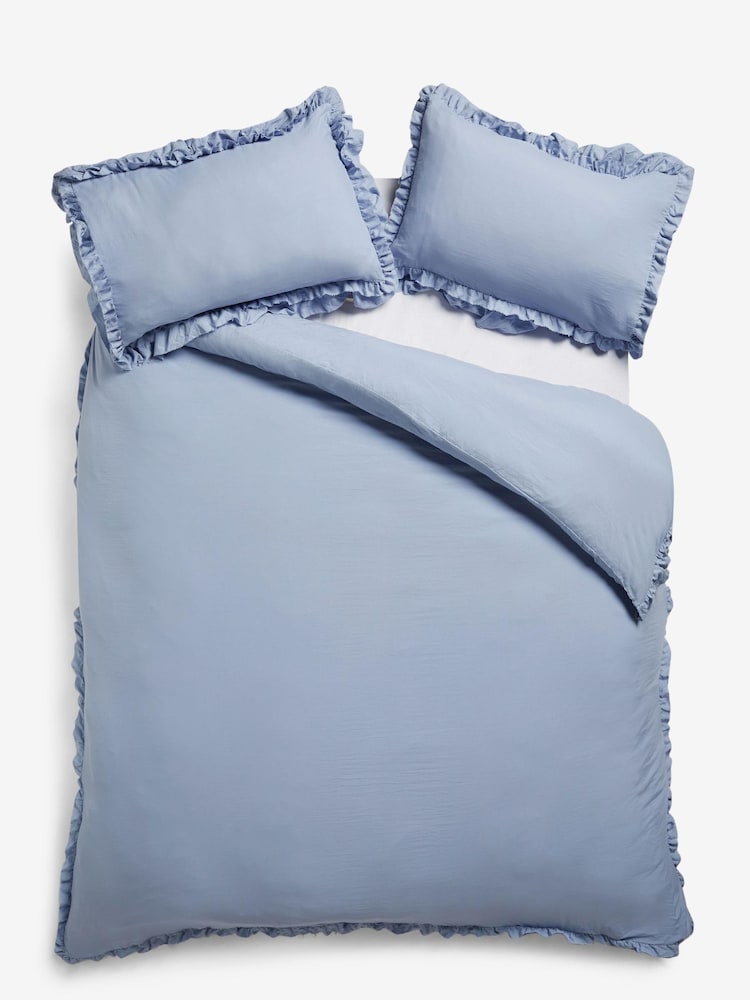 Blue Super Soft Double Frill Raw Edge Duvet Cover and Pillowcase Set - Image 5 of 5