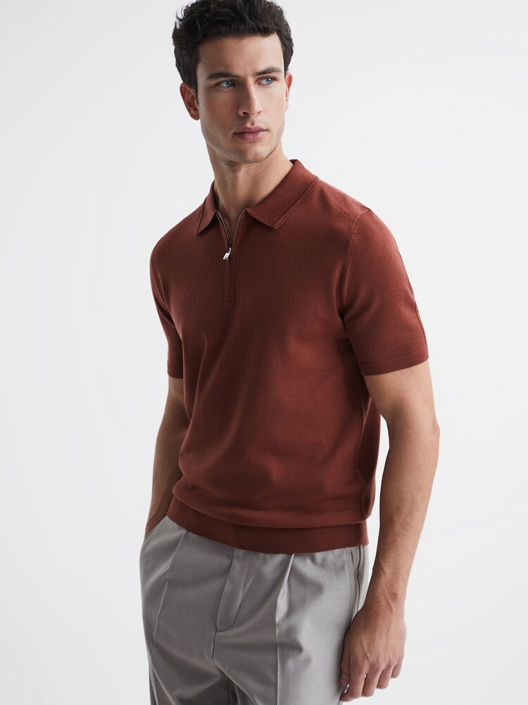 Reiss Russet Maxwell Merino Wool Half-Zip Polo Shirt - Image 1 of 6
