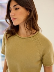 Sage Green 100% Cotton Roll Edge Knitted T-Shirt - Image 1 of 6