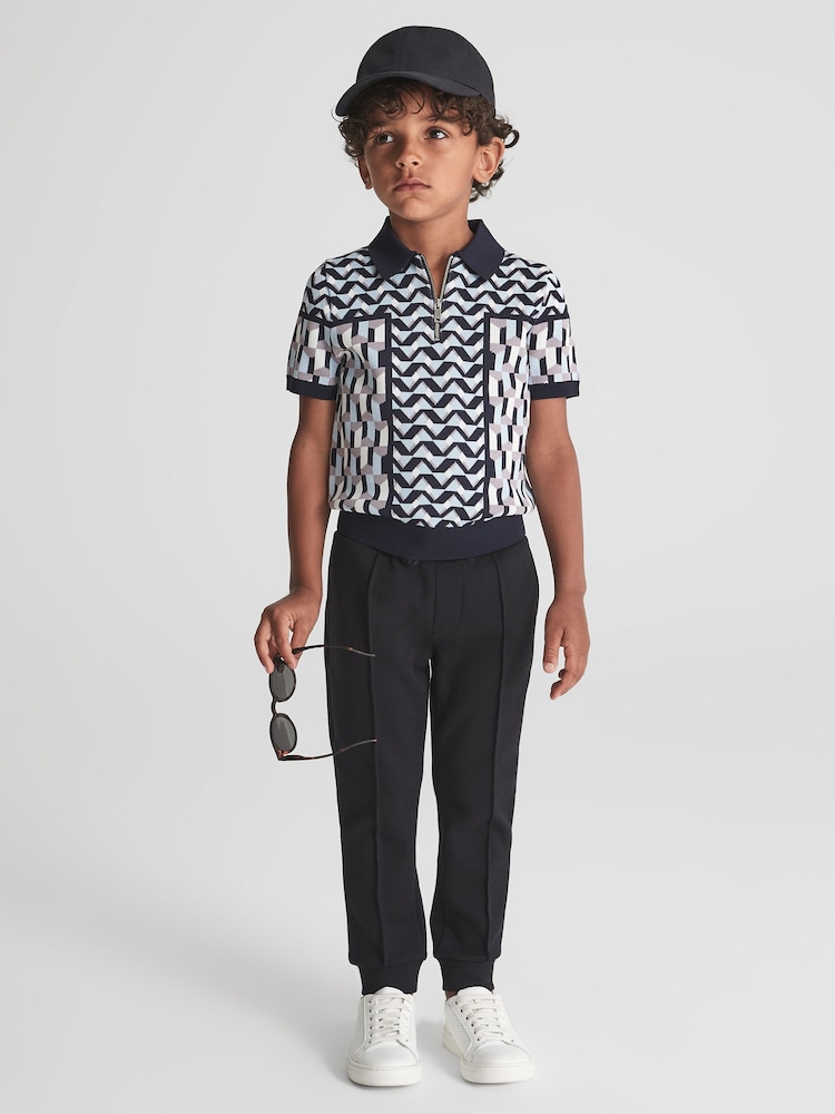 Reiss Blue Egon Senior Half Zip Geometric Polo T-Shirt - Image 1 of 7