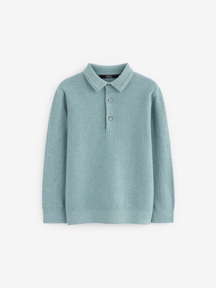 Blau - Langärmeliges, strukturiertes Strick-Polo-Shirt (3–16 Jahre) - Bild 1 von 2