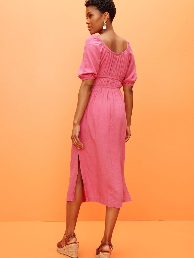 Bright Pink Puff Sleeve Linen Blend Dress - Image 2 of 4
