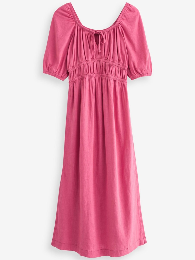 Bright Pink Puff Sleeve Linen Blend Dress - Image 4 of 4