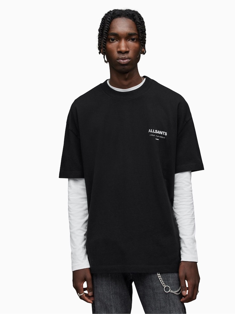AllSaints Black Underground Crew 100% Cotton T-Shirt - Image 1 of 16 AllSaints Black Underground Crew 100% Cotton T-Shirt - Image 1 of 16