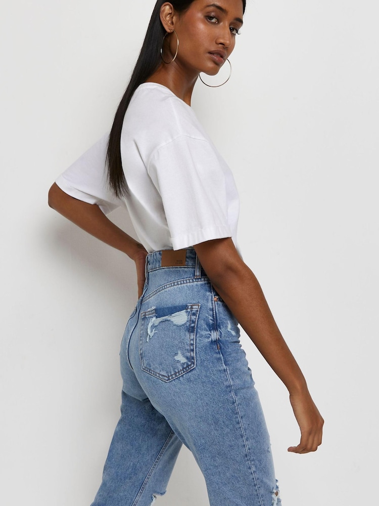 River Island Blue Denim Medium Mom High Rise Ripped Barnsley Jeans - Image 4 of 4