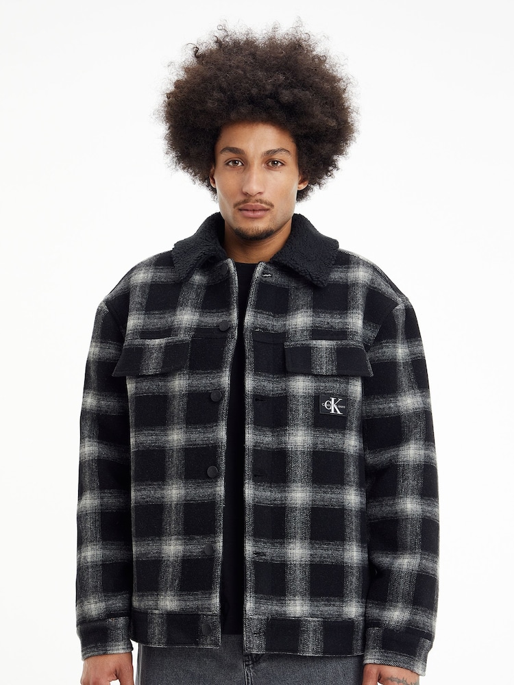 Calvin Klein Jeans Black Sherpa Check Trucker Jacket - Image 1 of 4