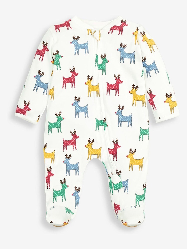 JoJo Maman Bébé Reindeer Print Zip White Sleepsuit - Image 1 of 2