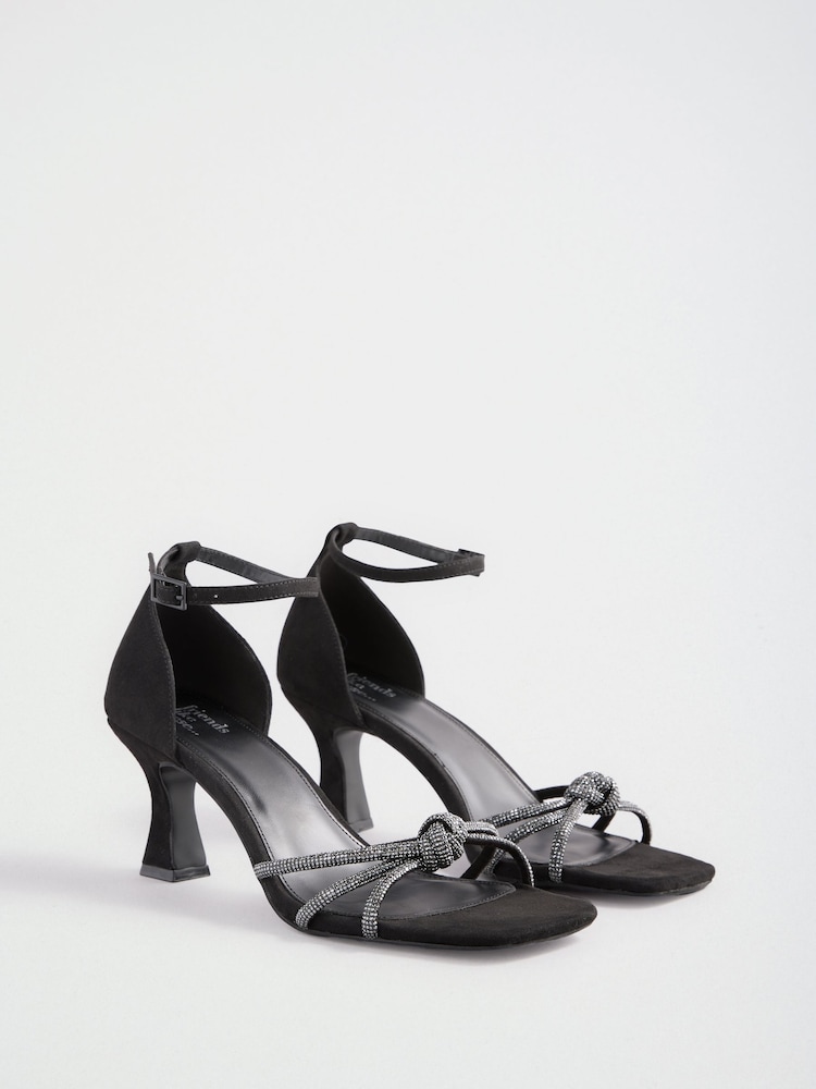 Friends Like These Black Faux Suede Diamante Hotfix Strap Knot Detail Heeled Occasion Sandals - Image 1 of 5 Friends Like These Black Faux Suede Diamante Hotfix Strap Knot Detail Heeled Occasion Sandals - Image 1 of 5