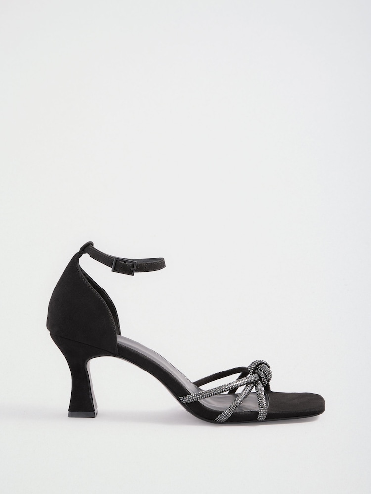 Friends Like These Black Faux Suede Diamante Hotfix Strap Knot Detail Heeled Occasion Sandals - Image 2 of 5 Friends Like These Black Faux Suede Diamante Hotfix Strap Knot Detail Heeled Occasion Sandals - Image 2 of 5