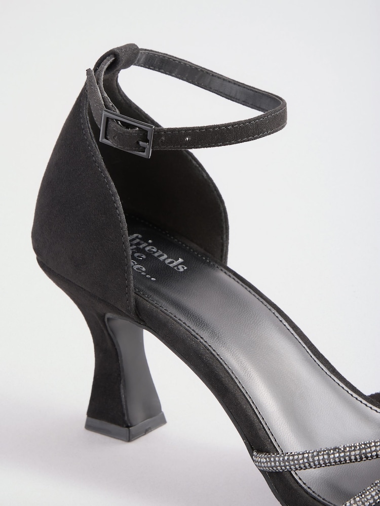 Friends Like These Black Faux Suede Diamante Hotfix Strap Knot Detail Heeled Occasion Sandals - Image 5 of 5 Friends Like These Black Faux Suede Diamante Hotfix Strap Knot Detail Heeled Occasion Sandals - Image 5 of 5
