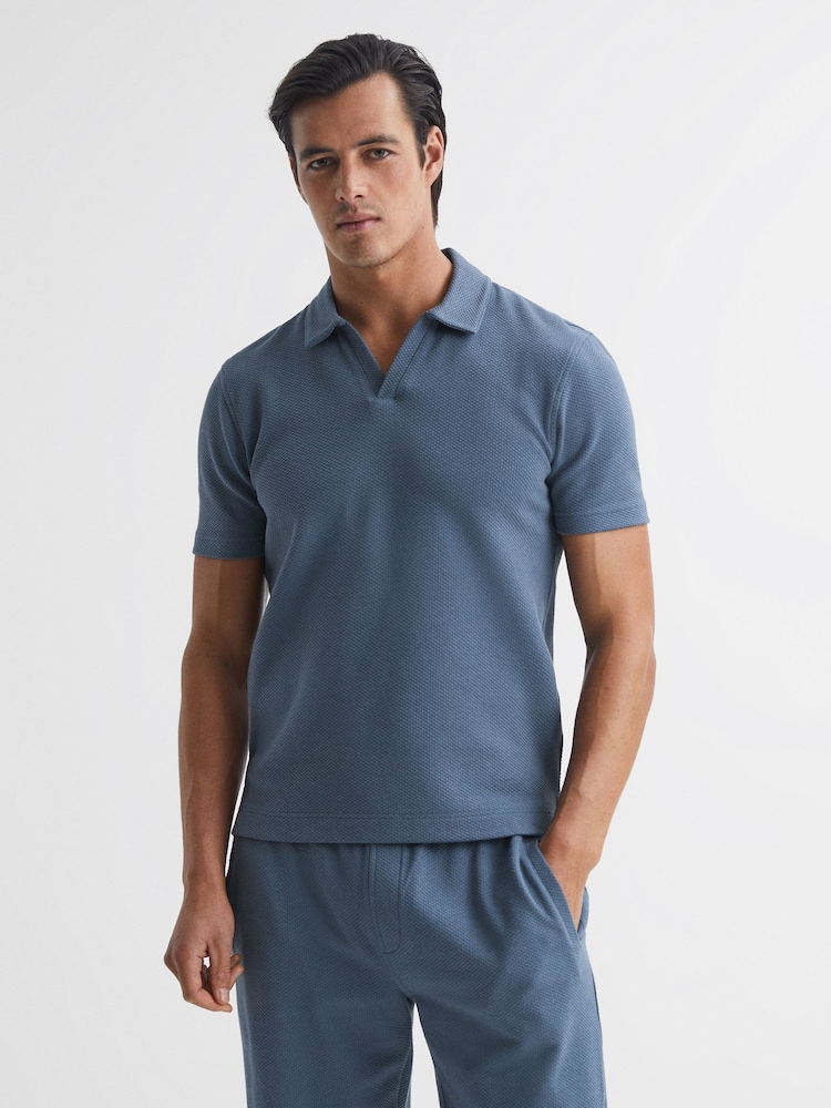 Reiss Airforce Blue Thom Short Sleeve Open Collar T-Shirt - Image 1 of 6