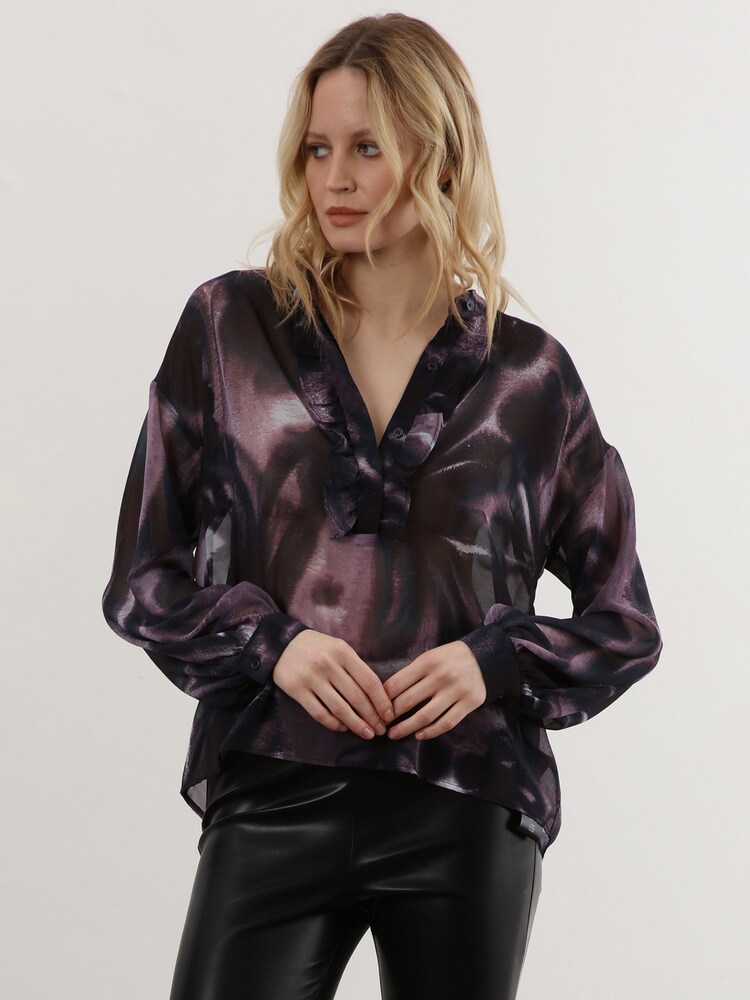 Religion Purple Sheer Ruffle Shirt In Beautiful Prints - Image 1 of 7