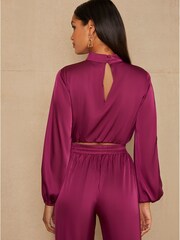 Chi Chi London Berry Red Long Sleeve High Neck Satin Top - Image 2 of 5