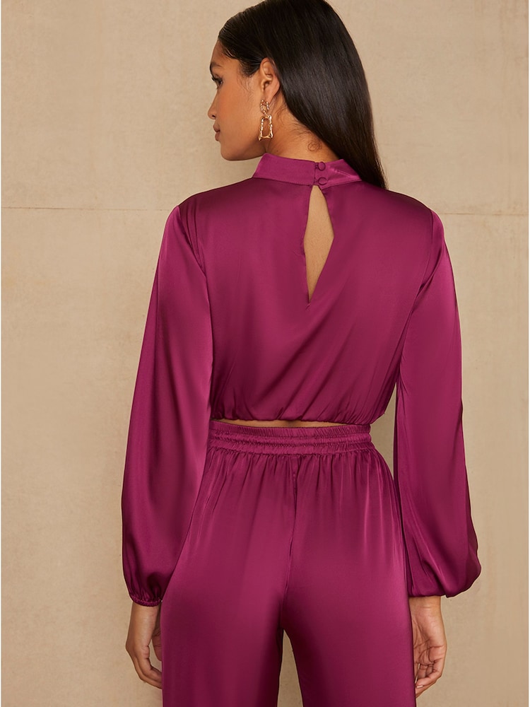 Chi Chi London Berry Red Long Sleeve High Neck Satin Top - Image 2 of 5