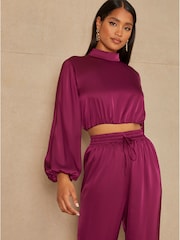 Chi Chi London Berry Red Long Sleeve High Neck Satin Top - Image 3 of 5