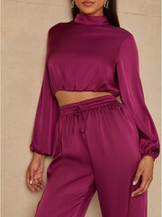 Chi Chi London Berry Red Long Sleeve High Neck Satin Top - Image 4 of 5