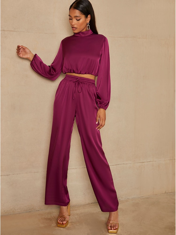 Chi Chi London Berry Red Long Sleeve High Neck Satin Top - Image 5 of 5 Chi Chi London Berry Red Long Sleeve High Neck Satin Top - Image 5 of 5