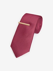 Red Slim Textured Tie And Clip - Image 1 of 3