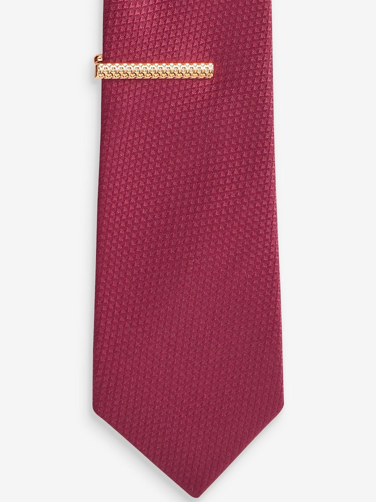 Red Slim Textured Tie And Clip - Image 3 of 3