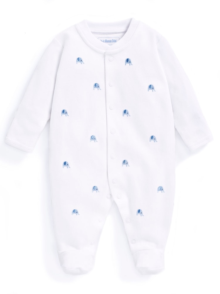 JoJo Maman Bébé Blue Elephant Embroidered Cotton Baby Sleepsuit - Image 1 of 2
