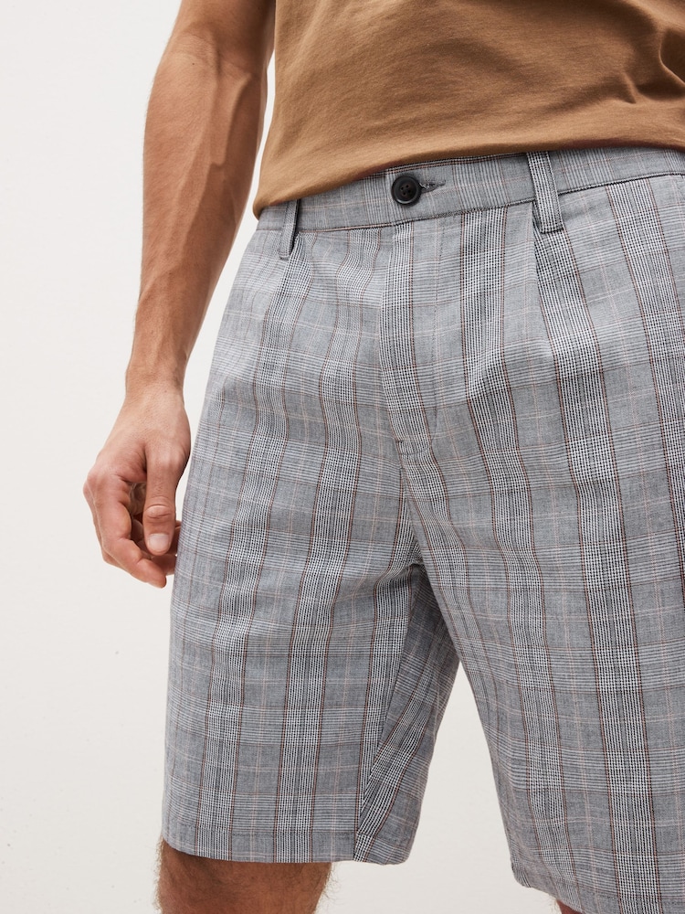 Grey Check Straight Pleat Chino Shorts - Image 1 of 7 Grey Check Straight Pleat Chino Shorts - Image 1 of 7