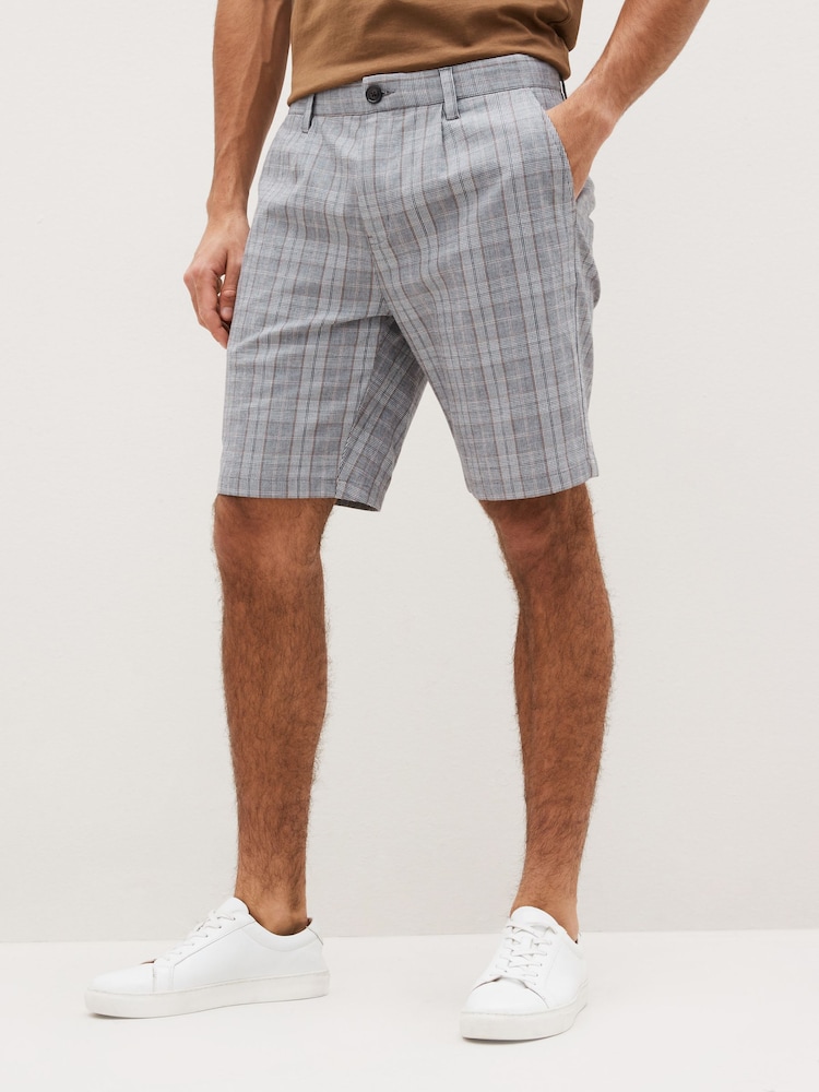 Grey Check Straight Pleat Chino Shorts - Image 2 of 7 Grey Check Straight Pleat Chino Shorts - Image 2 of 7