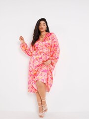 Simply Be Maxikleid mit Rüschen und Retro-Print, Pink - Bild 3 von 4