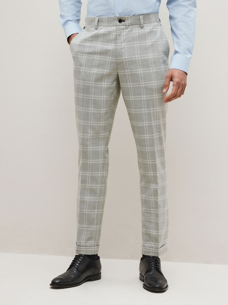 Grey Slim Tapered Trimmed Check Trousers - Image 1 of 12 Grey Slim Tapered Trimmed Check Trousers - Image 1 of 12