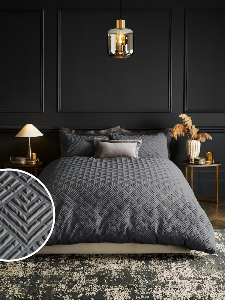 Charcoal Grey Embossed Geometric Duvet Cover And Pillowcase Set - Image 1 of 4 Charcoal Grey Embossed Geometric Duvet Cover And Pillowcase Set - Image 1 of 4