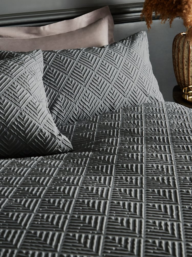 Charcoal Grey Embossed Geometric Duvet Cover And Pillowcase Set - Image 2 of 4 Charcoal Grey Embossed Geometric Duvet Cover And Pillowcase Set - Image 2 of 4