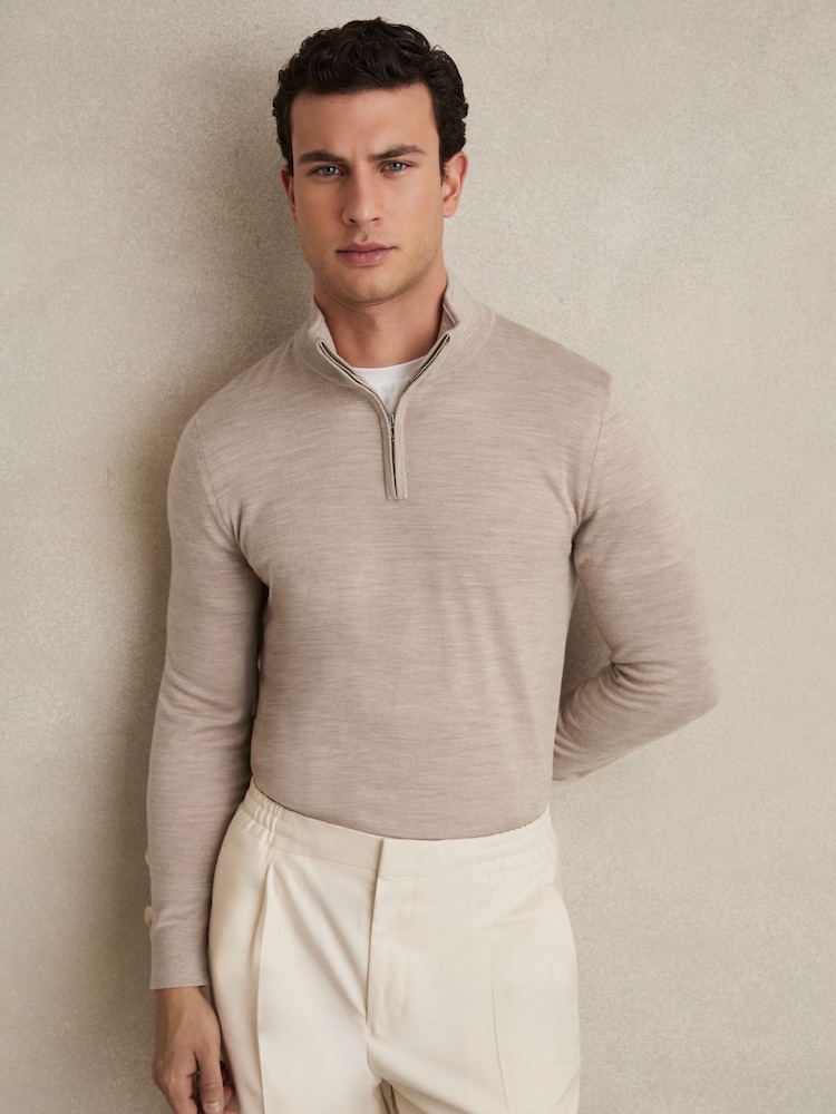 Reiss Wheat Melange Blackhall Merino Wool Half-Zip Funnel Neck Jumper - Image 1 of 6