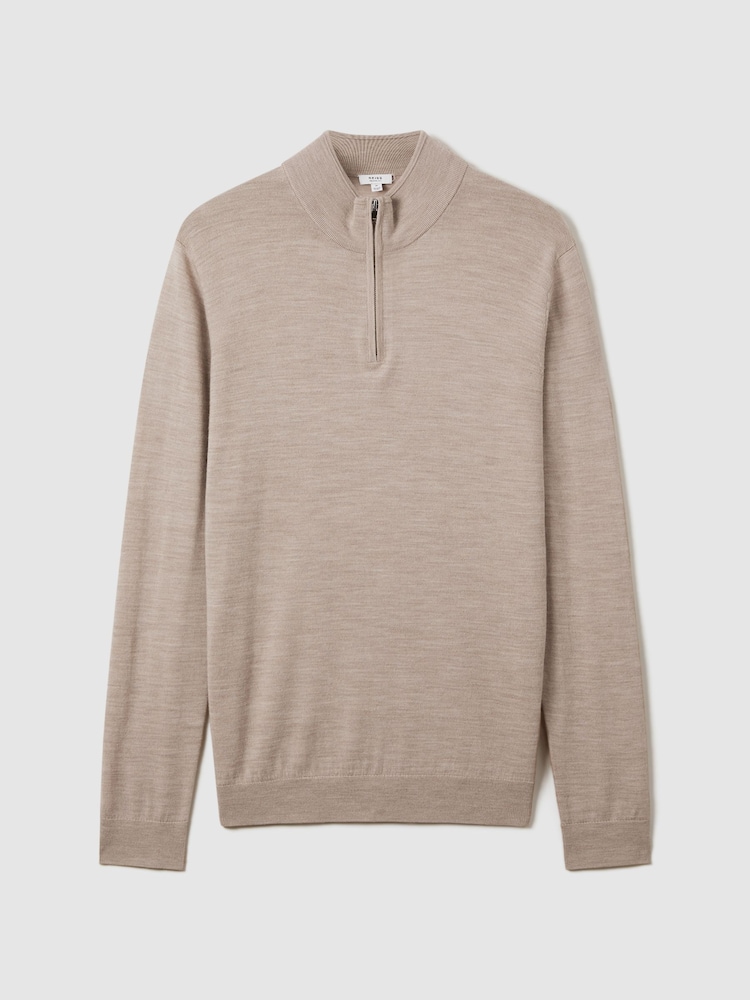 Reiss Wheat Melange Blackhall Merino Wool Half-Zip Funnel Neck Jumper - Image 2 of 6