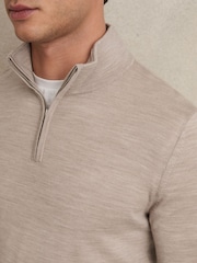 Reiss Wheat Melange Blackhall Merino Wool Half-Zip Funnel Neck Jumper - Image 4 of 6