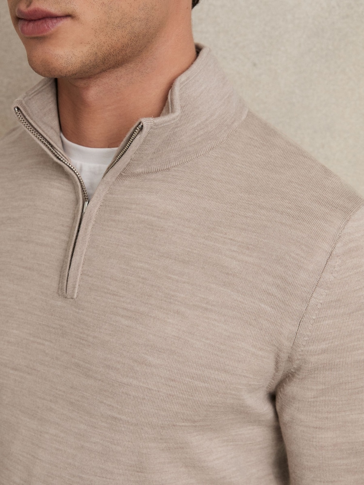 Reiss Wheat Melange Blackhall Merino Wool Half-Zip Funnel Neck Jumper - Image 4 of 6