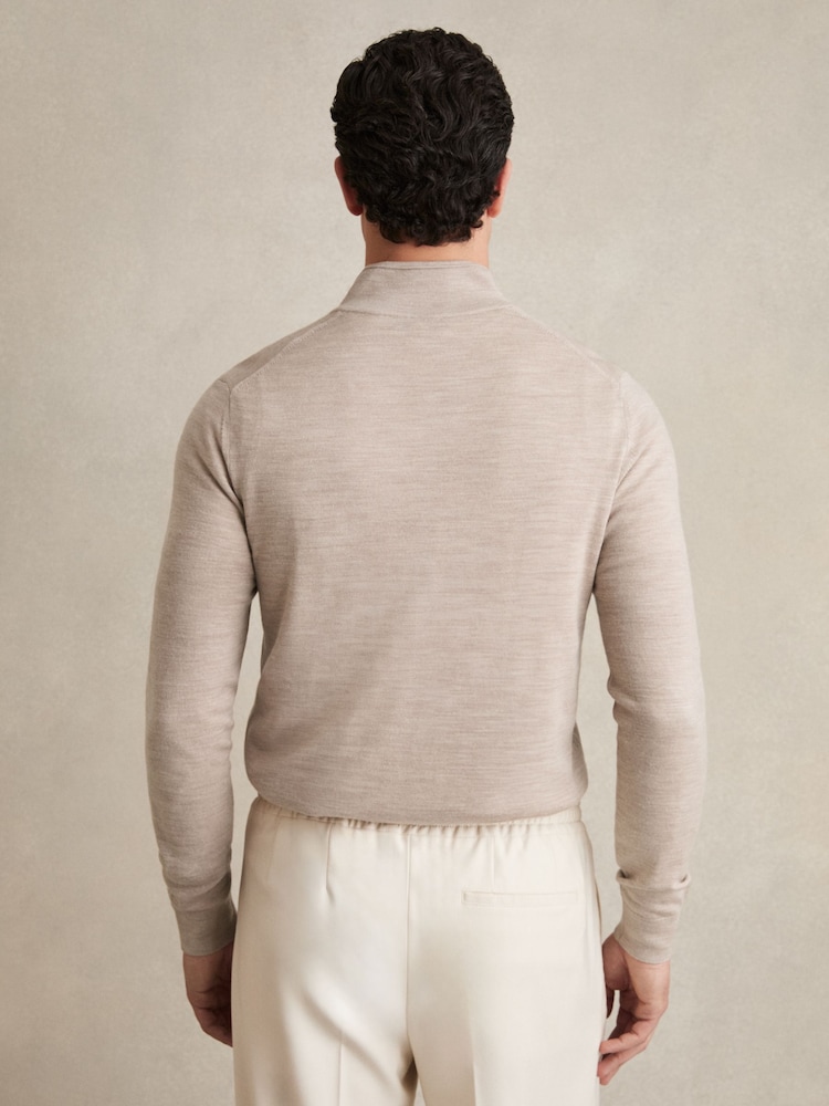 Reiss Wheat Melange Blackhall Merino Wool Half-Zip Funnel Neck Jumper - Image 5 of 6