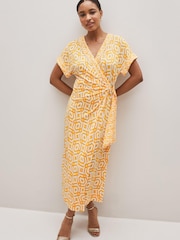 Orange Geo V-Neck Wrap Short Sleeve Trim Midi Dress - Image 1 of 4