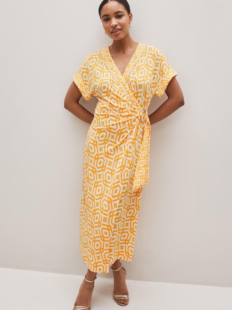 Orange Geo V-Neck Wrap Short Sleeve Trim Midi Dress - Image 1 of 4