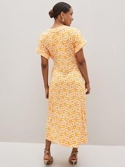 Orange Geo V-Neck Wrap Short Sleeve Trim Midi Dress - Image 2 of 4