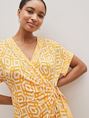 Orange Geo V-Neck Wrap Short Sleeve Trim Midi Dress - Image 3 of 4