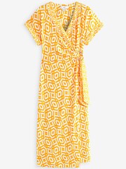 Orange Geo V-Neck Wrap Short Sleeve Trim Midi Dress - Image 4 of 4