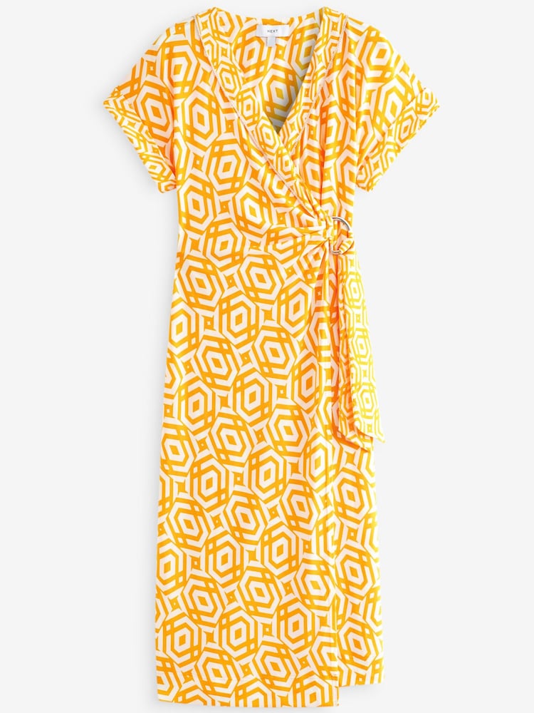 Orange Geo V-Neck Wrap Short Sleeve Trim Midi Dress - Image 4 of 4