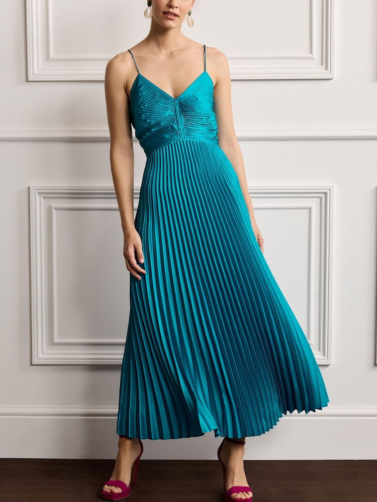 Blue Satin Backless Pleated Midi Dress - Image 1 of 5 Blue Satin Backless Pleated Midi Dress - Image 1 of 5