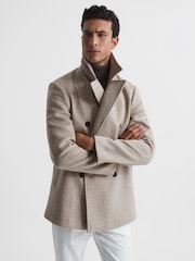 Reiss Oatmeal Bergamo Wool Blend Herringbone Peacoat - Image 1 of 8