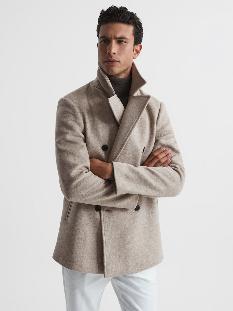 Reiss Oatmeal Bergamo Wool Blend Herringbone Peacoat - Image 1 of 8