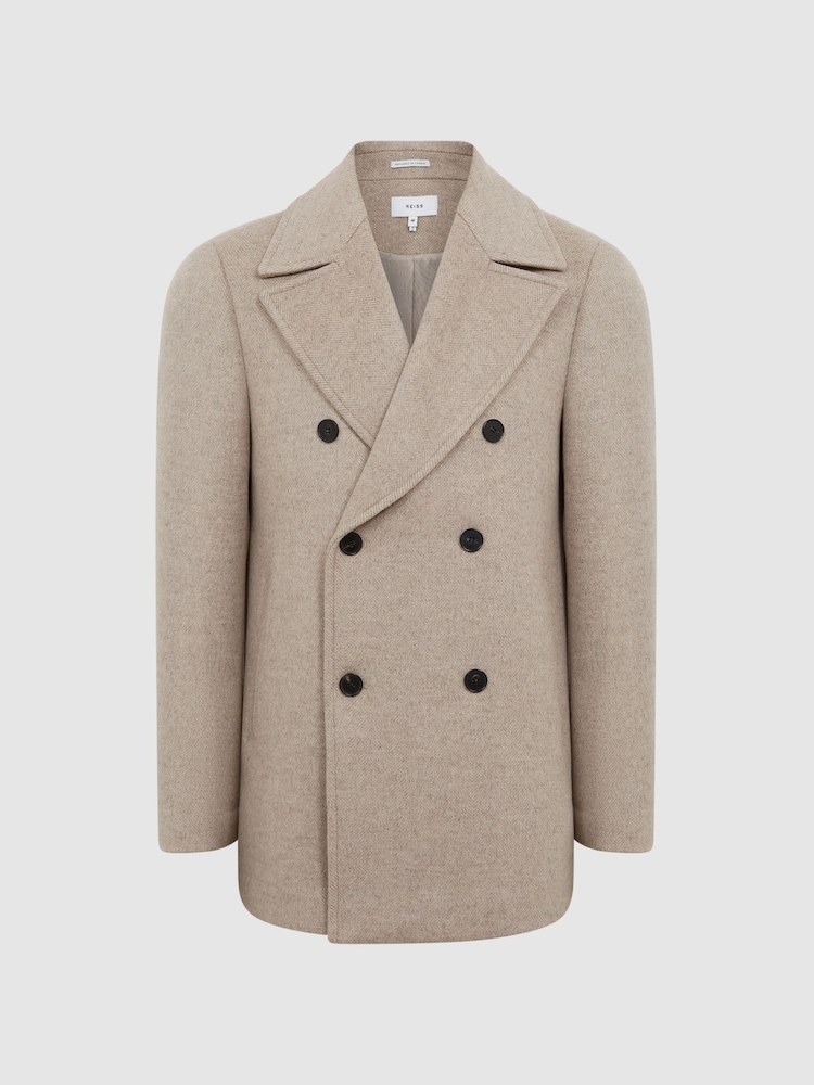 Reiss Oatmeal Bergamo Wool Blend Herringbone Peacoat - Image 2 of 8